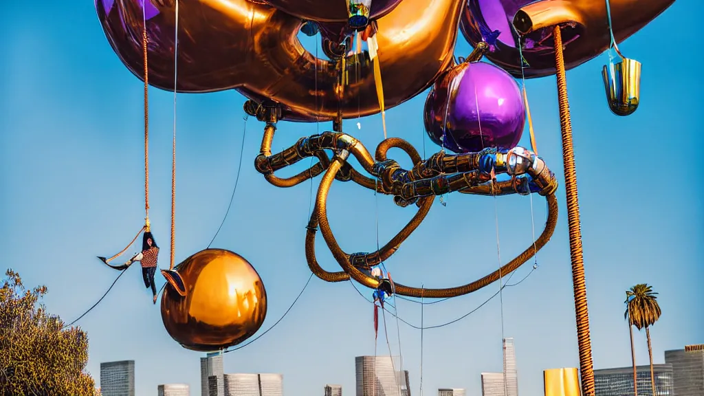 Image similar to large colorful futuristic space age metallic steampunk balloons with pipework and electrical wiring around the outside, and people on rope swings underneath, flying high over the beautiful los angeles city landscape, professional photography, 8 0 mm telephoto lens, realistic, detailed, photorealistic, photojournalism