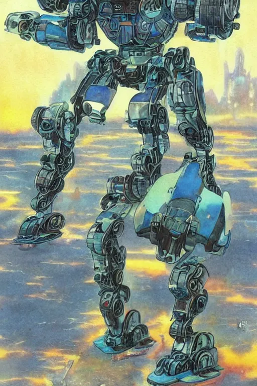 Image similar to inorganic battle robot, art by frank hampson and shawn mcmanus, trending on artstation, vaporwave, photorealistic, watercolor painting, manga