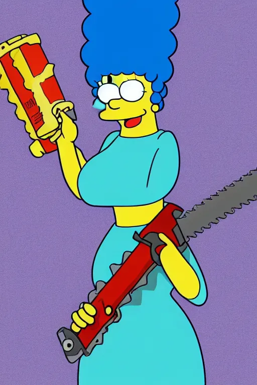 Image similar to marge simpson as a serial killer, holding a chainsaw