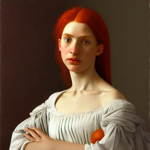 Image similar to full body portrait of a red haired girl with a soft smile, with long hair, green eyes, hint of freckles, beautiful round face, pale skin, highly detailed, deep focus, smooth, sharp focus, golden ratio, dramatic illumination, ultra realistic, 8 k, painting art by artemisia lomi gentileschi and caravaggio