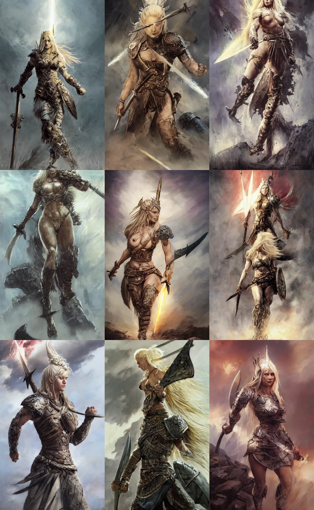 Image similar to A mixed media painting of the beautiful blonde viking goddess of war with a sword of lightning walking into battle, very aesthetic, detailed face, by Frank Frazetta, Greg Rutkowski, Boris Vallejo, Beeple, Yoko Taro, Christian MacNevin, epic fantasy character art, goddess of anger, viking runes, high fantasy, CGsociety, full length, exquisite detail, post-processing, low angle, masterpiece, cinematic, odin's stone arena background