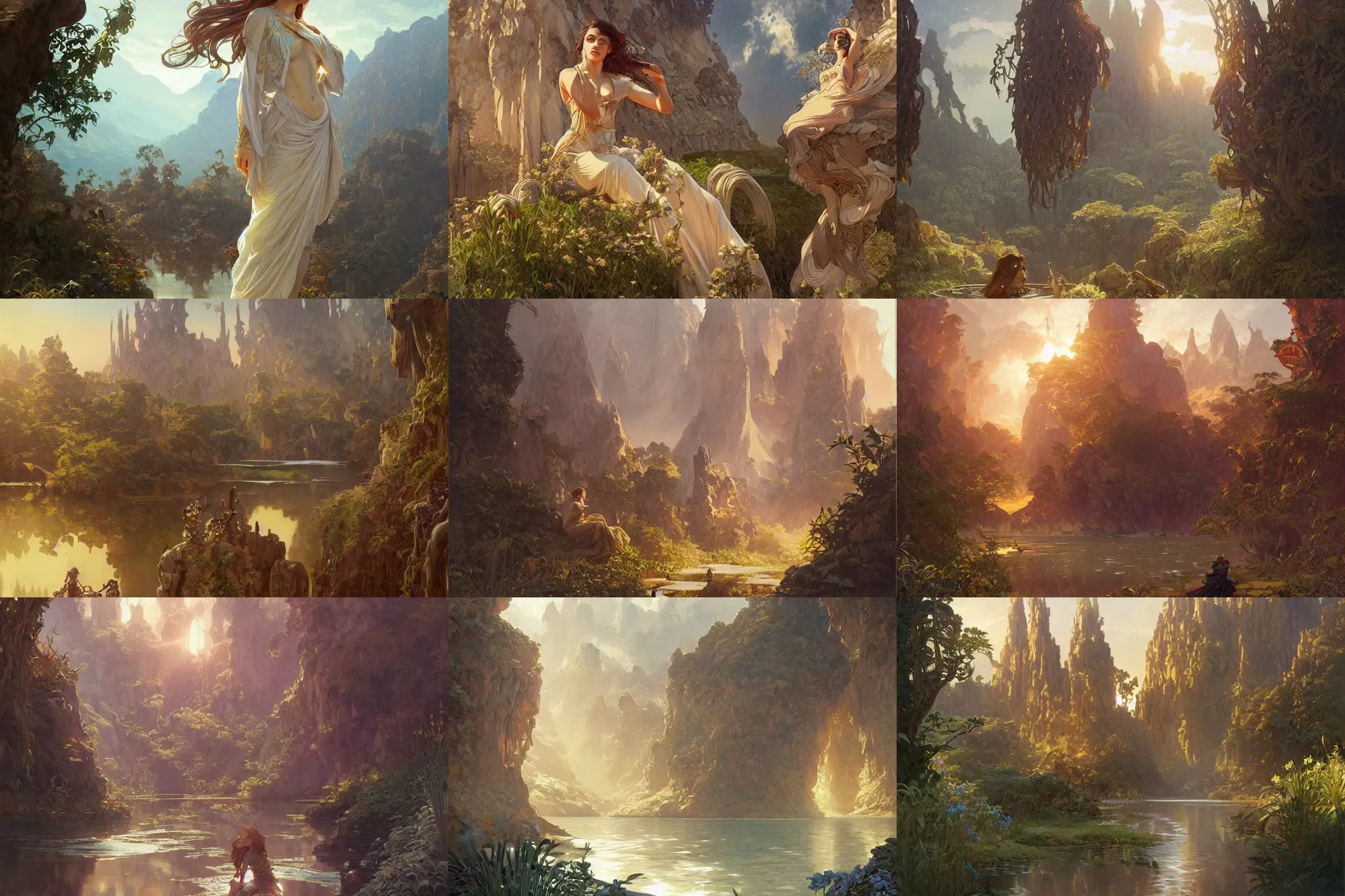 Prompt: oasis landscape, intricate, elegant, D&D, fantasy, highly detailed, digital painting, artstation, concept art, sharp focus, illustration, art by artgerm and greg rutkowski and alphonse mucha