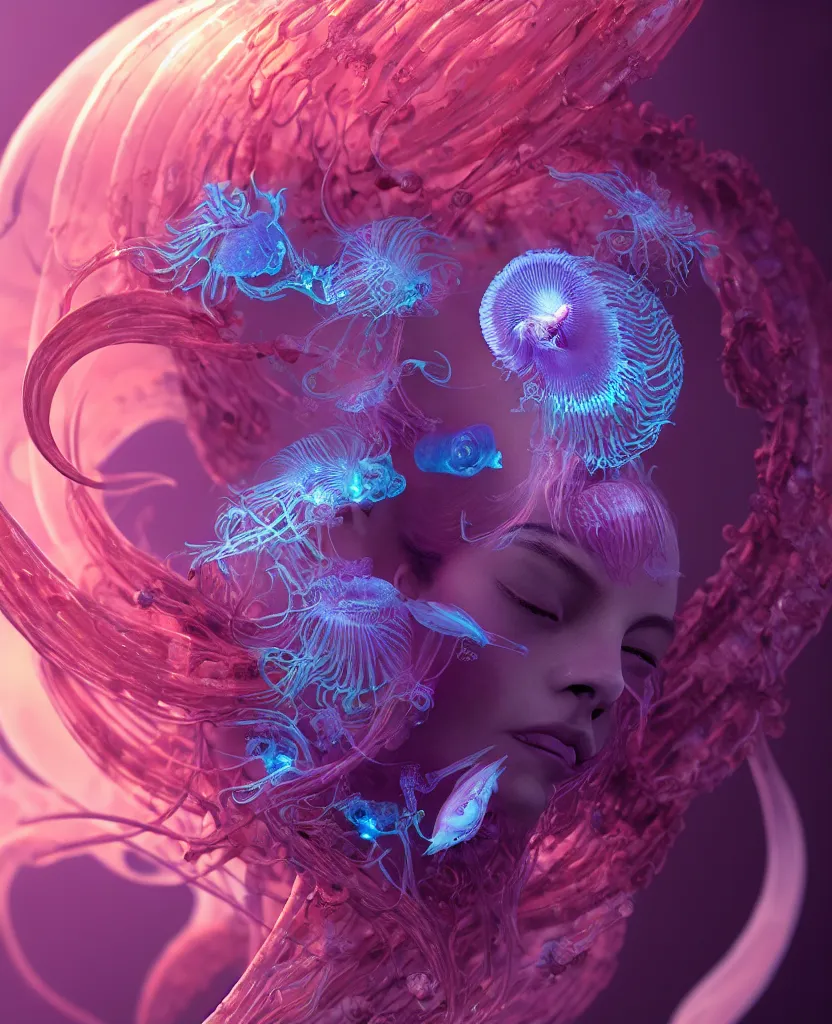 Image similar to goddess close-up portrait. orchid jellyfish phoenix head, nautilus, skull, betta fish, bioluminiscent creatures, intricate artwork by Tooth Wu and wlop and beeple. octane render, trending on artstation, greg rutkowski very coherent symmetrical artwork. cinematic, hyper realism, high detail, octane render, 8k