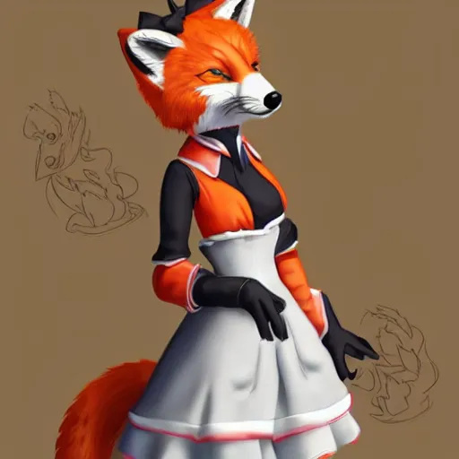 Image similar to a fox fursona wearing a maid outfit, highly detailed, digital art, trending on artstation, furry art