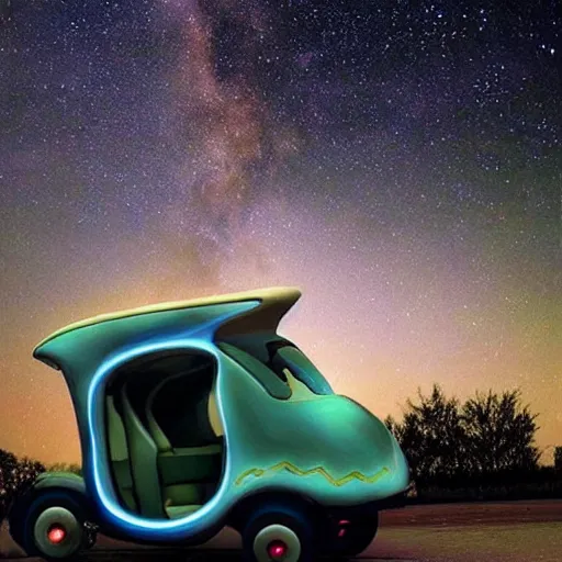 Image similar to a spaceship that looks like a tuk tuk flying across the milky way