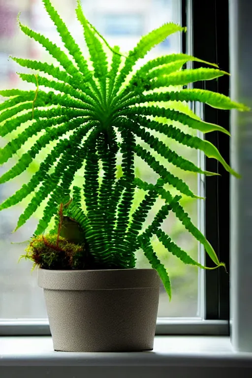 Image similar to an unknown exotic succulent fern shrubbery, a strange and weird potted plant is in a windowsill