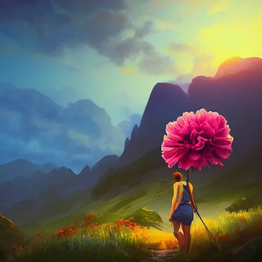 Image similar to giant carnation flower head, girl hiking in the mountains, surreal photography, sunrise, dramatic light, impressionist painting, colorful clouds, digital painting, artstation, simon stalenhag