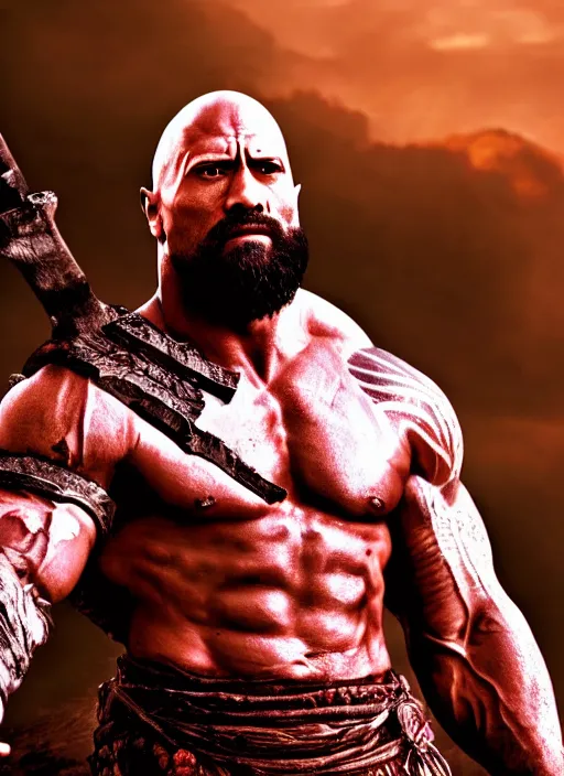 Image similar to film still, a highly detailed beautiful closeup photo of dwayne johnson kratos hybrid god of war holding a sword and fighting zombies on a pile of human skulls, spartan warrior, olympian god, muscular!,, action pose, ambient lighting, volumetric lighting, octane, fantasy