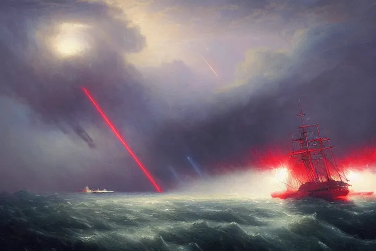 Image similar to A beautiful matte painting of huge spherical alien spaceship attacking with powerful red lasers a Sailship in ocean in thunderstorm by Greg Rutkowski and Ivan aivazovsky