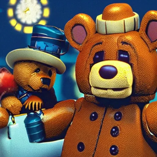 Prompt: “ freddy fazbear and paddington meet in londom in 1 9 8 7. ”