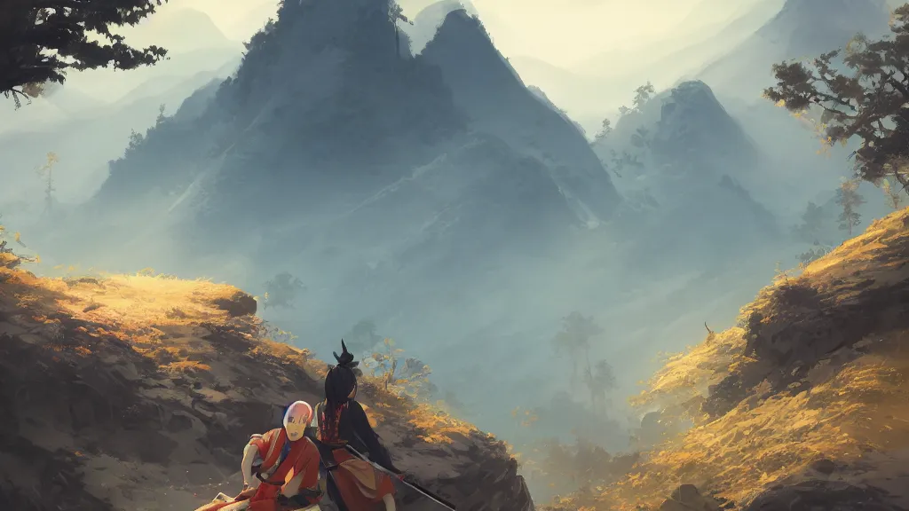 Image similar to samurai resting on a mountain top, cool hazy sky, by sylvain sarrailh, rossdraws, ambient light, ultra detailed, fantasy artwork, 8 k, volumetric lighting, trending on artstation, award winning, very beautiful.