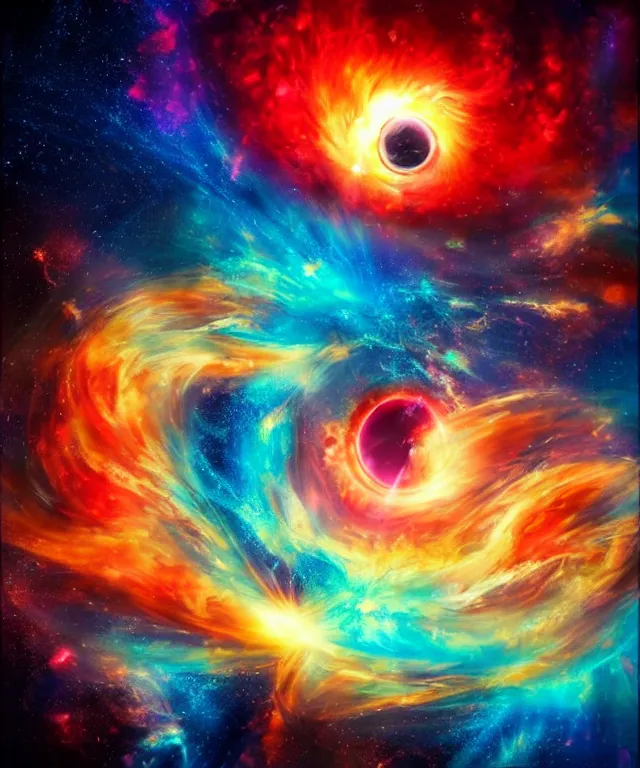 Prompt: black hole, sun, space, bright colors, surreal art, phoenix flames, nebula clouds, soft tones