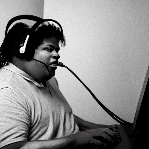 Image similar to obese Michael Jackson wearing a headset yelling at his monitor while playing WoW highly detailed wide angle lens 10:9 aspect ration award winning photography by David Lynch esoteric erasure head