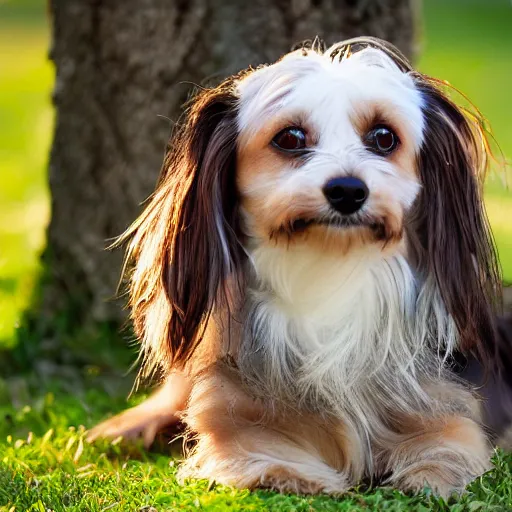 Image similar to a cute mutt who is half long haired dachshund and half shih tzu, laying under a tree on a farm, golden hour, promised land