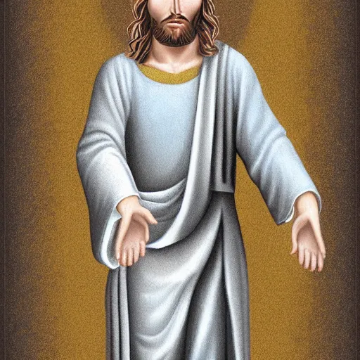 Prompt: jesus holding his right hand in his face, digital art