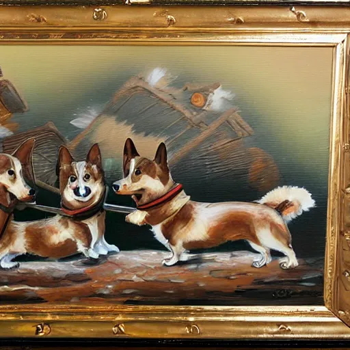 Prompt: oil painting on matte canvas of corgi samurais preparing for battle