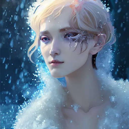 Image similar to beautiful ancient frost witch, fire in eye, snow glow, pool party, highly detailed, digital painting, artstation, sharp focus, illustration, art by tan zi and ayanamikodon and alphonse mucha and wlop