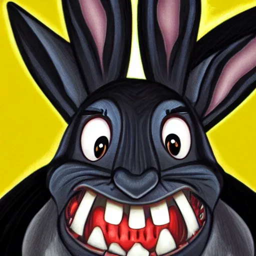 Prompt: A extremely highly detailed majestic hi-res beautiful, highly detailed head and shoulders portrait of a scary terrifying, horrifying, creepy black cartoon rabbit with scary big eyes, earing a shirt laughing, let's be friends, in the style of Walt Disney