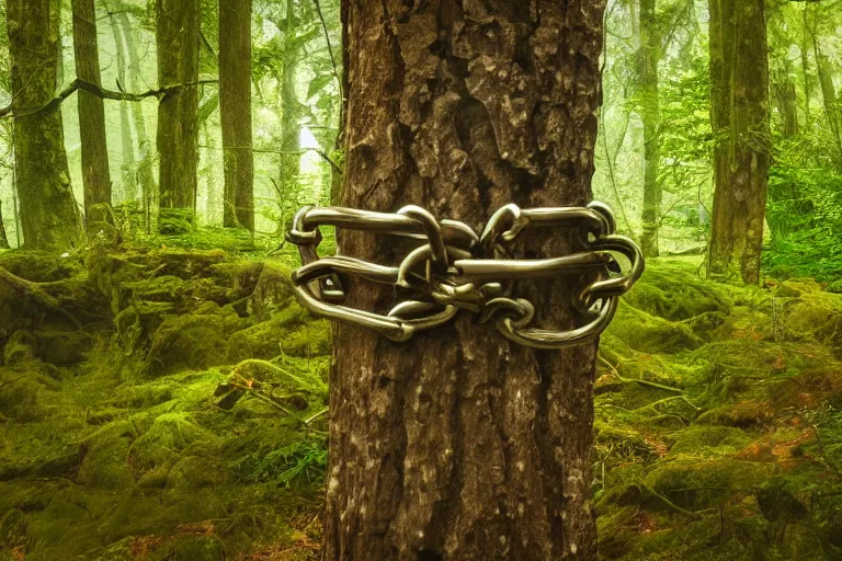 Image similar to photograph of a fantasy style shackle in an ancient forest