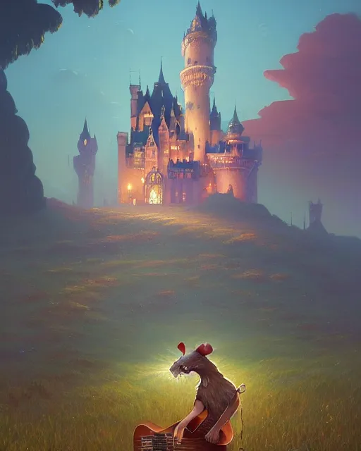 Image similar to highly detailed surreal vfx portrait antropomorphic rat holding guitar looking castle in the distance stephen bliss unreal engine greg rutkowski loish, rhads, beeple, makoto shinkai and lois van baarle ilya kuvshinov rossdraws, tom bagshaw, alphonse mucha, global illumination, detailed and intricate environment