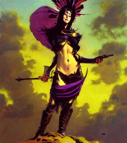 Image similar to evil princess of the wasteland, scrap metal headdress, strong line, deep color, yellow purple, cloudy sky, beautiful! coherent! by brom, by frank frazetta, low angle