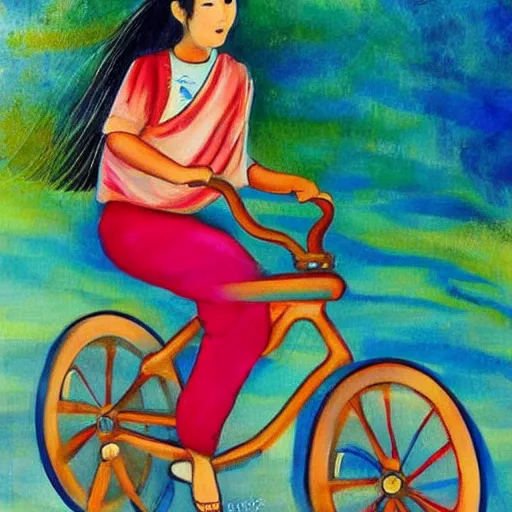 Image similar to a beautiful painting of a beautiful Asian girl riding a blue bycicle