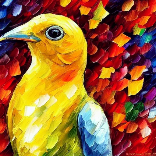 Image similar to an elegant yellow bird wearing a crown and a red bow tie in the style of leonid afremov, very very beautiful, impressionism, high quality, detailed, 4k