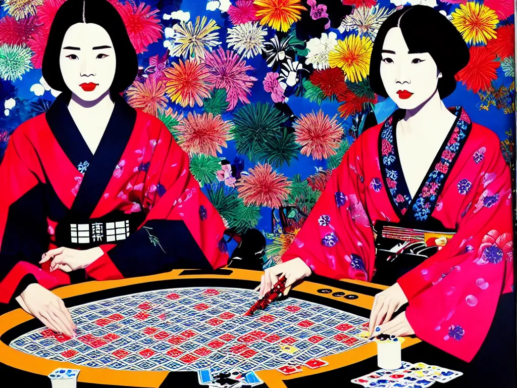 Image similar to hyperrealistic composition of the detailed woman in a japanese kimono sitting at a extremely detailed poker table with detailed darth vader, fireworks, mount fuji on the background, pop - art style, jacky tsai style, andy warhol style, acrylic on canvas