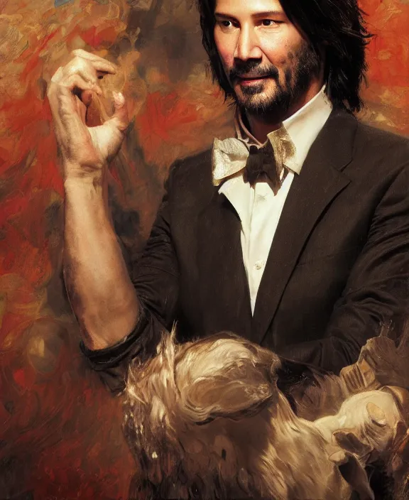 Image similar to portrait of keanu reeves, joyful, highly detailed painting by gaston bussiere, craig mullins, j. c. leyendecker 8 k,