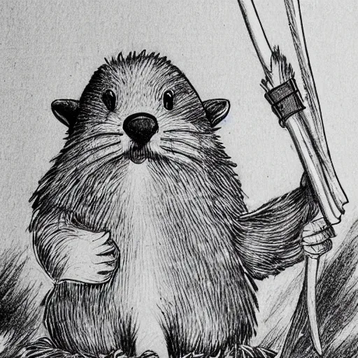 Prompt: a manga drawing of a beaver with an spear and a shield