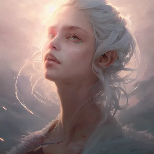Image similar to a portrait of a beautiful hopeful lady with pretty eyes, beautiful eyes, looking up onto the sky, light smiling, art of wlop and greg rutkowski, intricate, high details, epic fantasy art, bright light masterpiece, ray of light through white hair