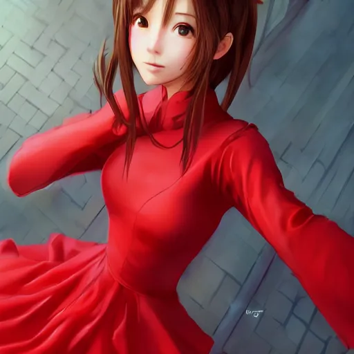 Image similar to red dress of aerith gainsborough by WLOP, rossdraws, Logan Cure, Mingchen Shen, BangkuART, sakimichan, yan gisuka, JeonSeok Lee, zeronis, Chengwei Pan on artstation