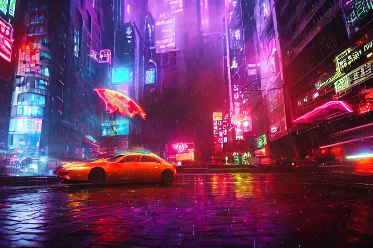 Image similar to cinematic wide angle shot of a neon cybernectic chinese dragon in the rain, midnight city lights, strong bokeh, dramatic lighting, unreal engine, cgsociety, artstation, 4k