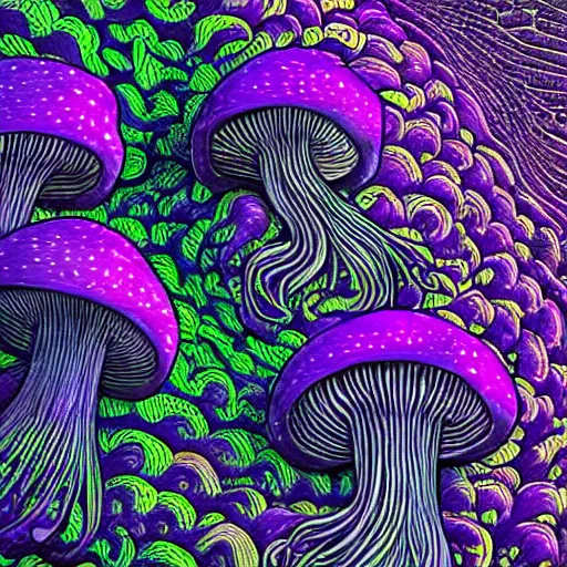 Image similar to a mushroom's gills from the bottom that is purple and grey with psychedelic patterns ; maximum realism ; maximum detailed close - up ; dramatic lighting