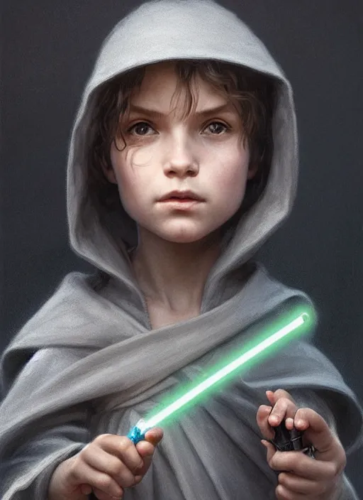 Image similar to perfectly - centered - portrait of a kid wearing grey cloak holding light saber, intricate, highly detailed, digital painting, artstation, concept art, smooth, sharp focus, illustration, unreal engine 5, 8 k, art by artgerm and greg rutkowski and alphonse mucha