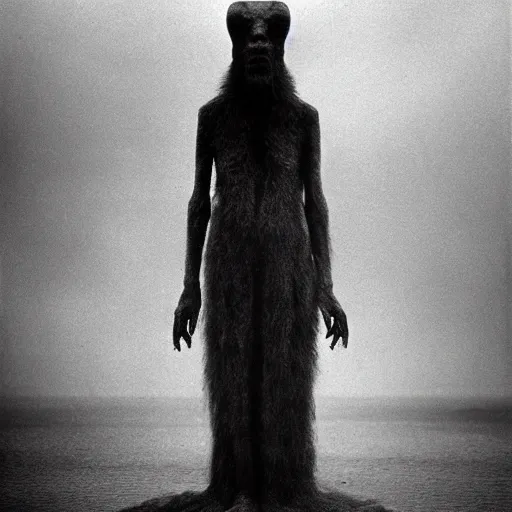 Image similar to vintage photography of realistic faceless beast-god with many long arms, a huge body covered with deep furs by Zdzisław Beksiński, odd eye, dark fantasy, asymmetry, blur, haze, fog, vignetting, platinum printing