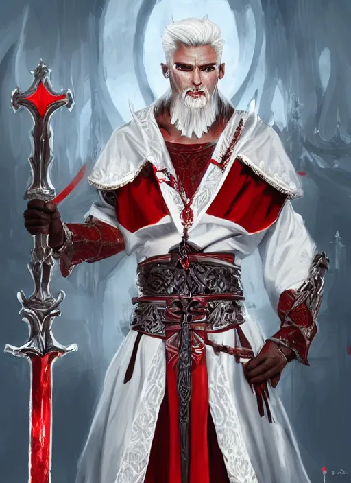 Image similar to a highly detailed illustration of sadistic white haired tanned african priest wearing white robe with red cross design, wielding divine bloody sword, evil smile, gothic church background, intricate, elegant, highly detailed, centered, digital painting, artstation, concept art, smooth, sharp focus, league of legends concept art, wlop