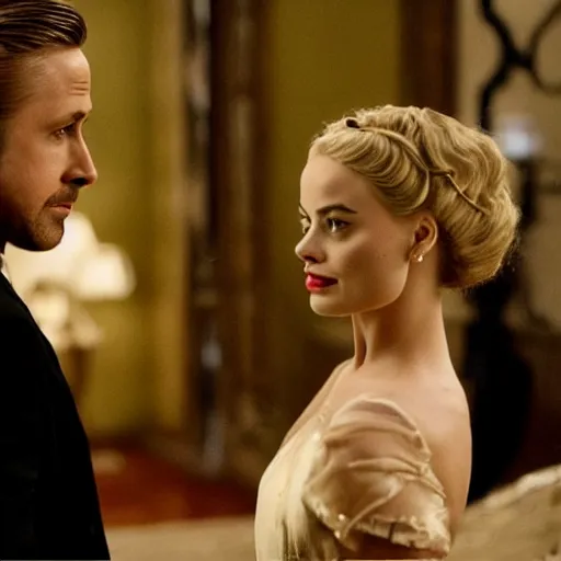 Prompt: still of ryan gosling and margot robbie, in the godfather