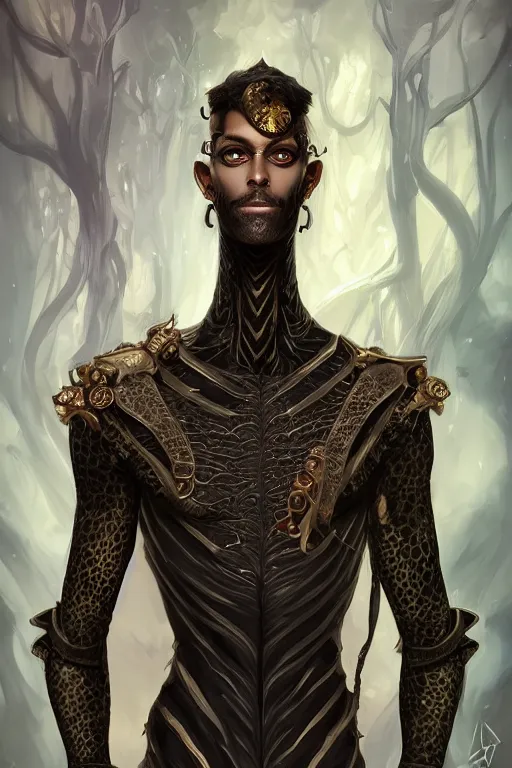Image similar to beautiful full body portrait of a human - giraffe hybrid male wizard, scaley!! black onyx skin, wearing a fancy tunic, by wlop and artgerm, steampunk fiction, detailed deep black eyes, space background, trending, on artstation.