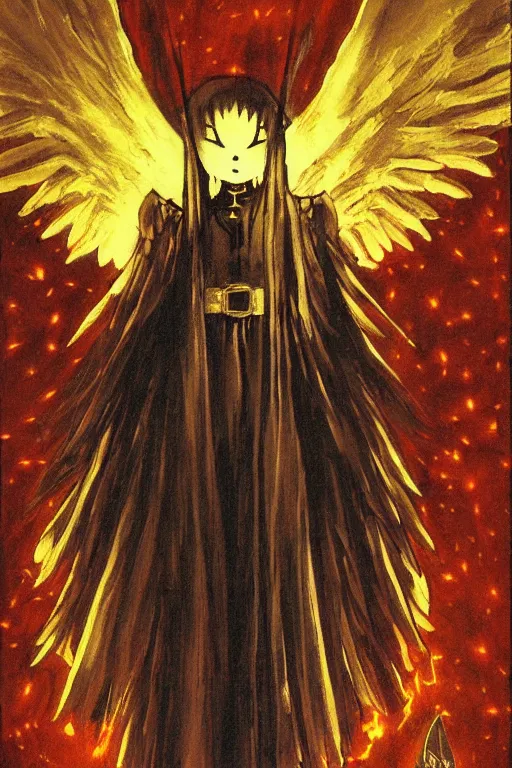 Image similar to angel of death smiling in the dark night, art by takeshi ohbata