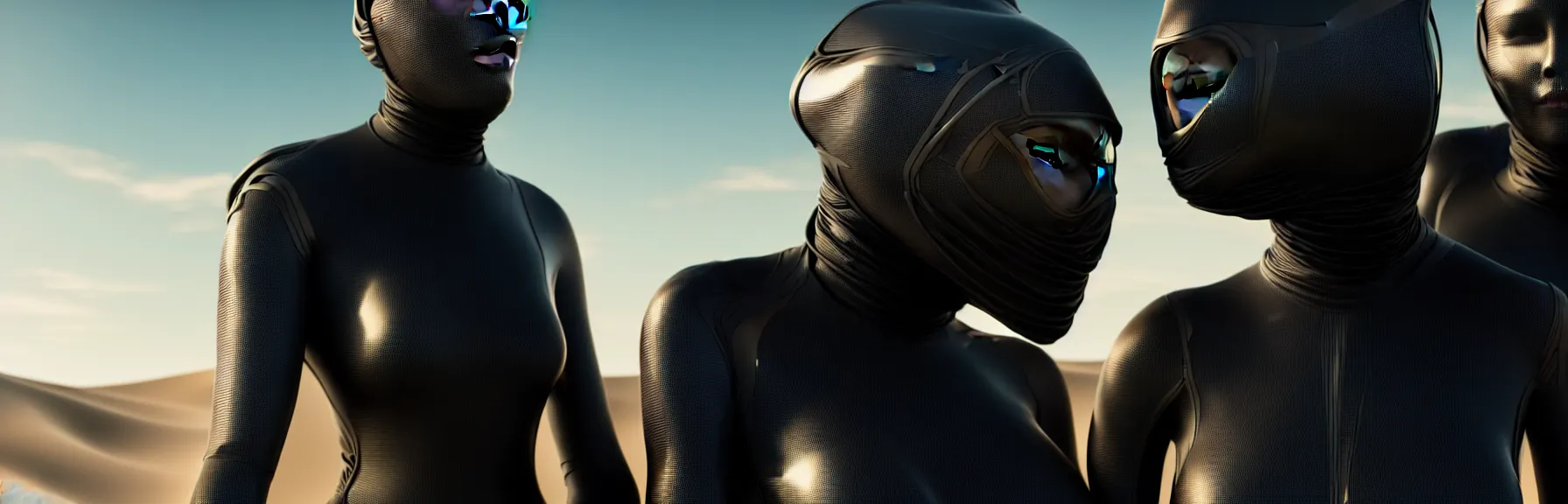 Prompt: closeup of a man and woman in a black high tech dune stillsuit,, intricate and epic concept art, highly detailed, 8k, cinematic, sharp focus