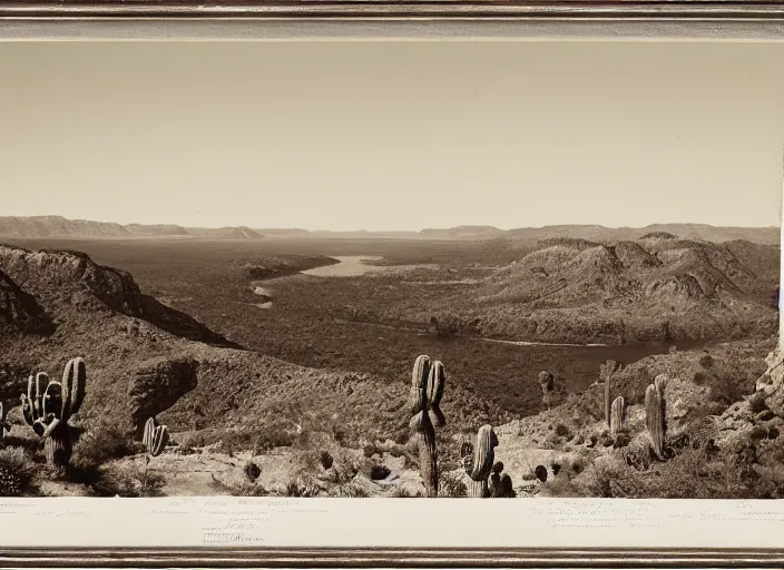 Prompt: Overlook of a river and cactus forest, albumen silver print by Timothy H. O'Sullivan.