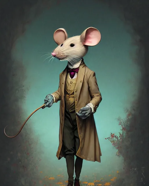 Image similar to anthropomorphic art of a detective mouse, victorian inspired clothing by artgerm, victo ngai, ryohei hase, artstation. fractal papersand books. highly detailed digital painting, smooth, global illumination, fantasy art by greg rutkowsky, karl spitzweg