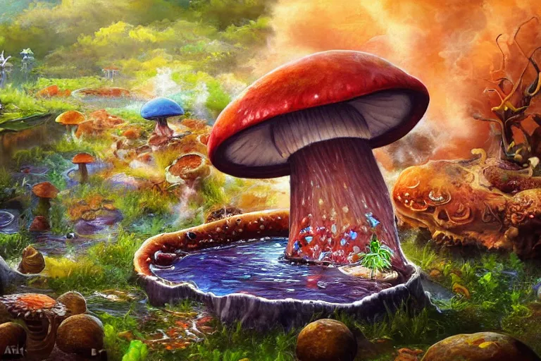 Image similar to highly detailed oil painting of a mushroom lizard in a steaming colorful hotspring, featured on artstation