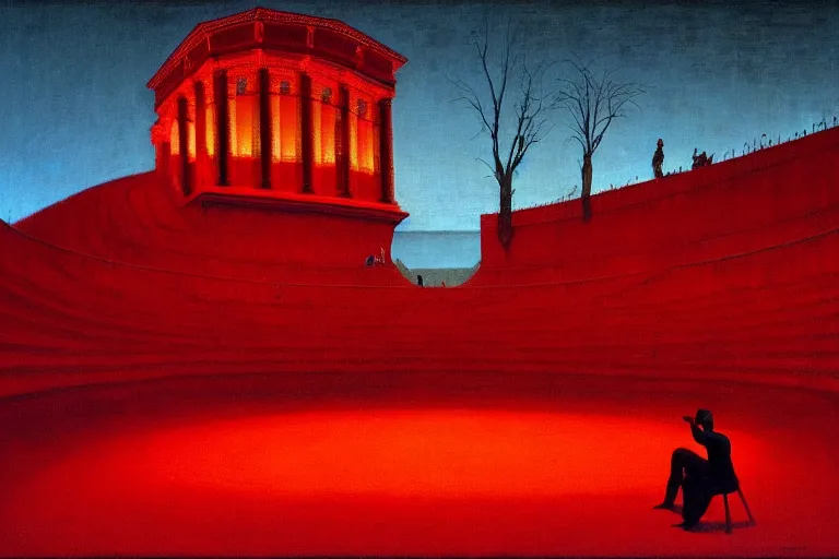 Image similar to only with red, a red melted emperor in an authoritarian position, taormina amphitheatre, crowd hails him, in the style of beksinski, parts by edward hopper, parts by rodcenko, parts by yue minjun, intricate and epic composition, red by caravaggio, insanely quality, highly detailed, masterpiece, red light, artstation, 4 k