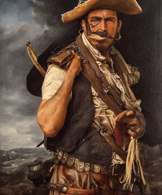 Image similar to ultra realistic color portrait painting of a spanish bandolero 1 9 th century pirate with a trabuco, dark, painted, brooding, atmospheric, landscape, smooth, epic, highly detailed, cinematic