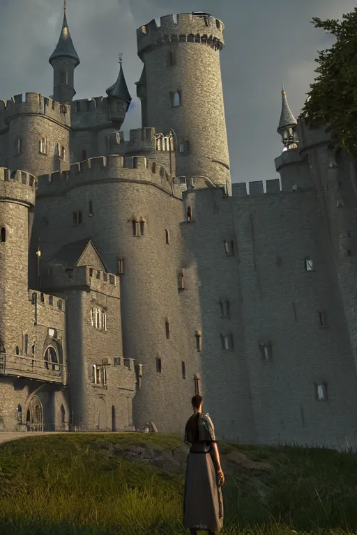 Prompt: a person standing in front of a castle, a detailed matte painting by senior environment artist, cgsociety contest winner, baroque, rendered in unreal engine, unreal engine 5, CryEngine