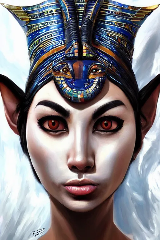 Image similar to a highly detailed beautiful portrait of a egyptian cat god with facial expression / emotion : fear in the style of artgerm.