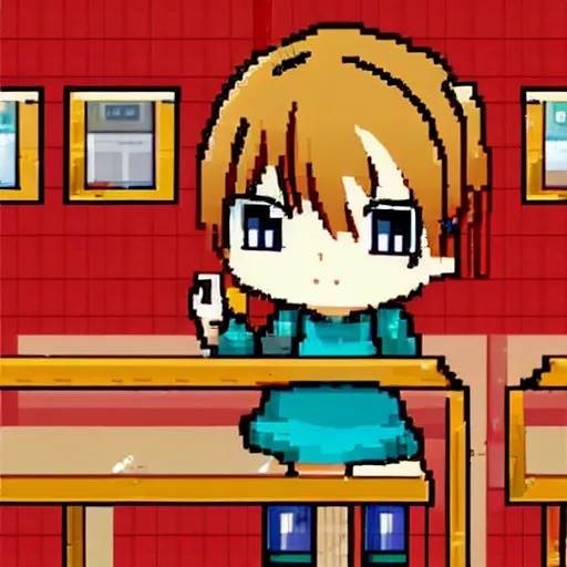 Prompt: #pixelart cute anime girl in ramen cafe, hd