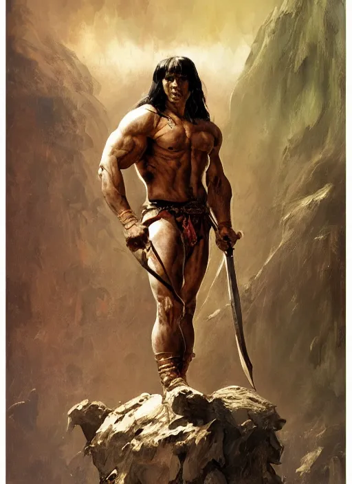 Prompt: in the style of frank frazetta, a highly detailed matte portrait painting of conan the barbarian, standing on a mountain holding a sword, by ashley wood, triumph pose, eerie magazine cover, red orange brown colors, impressionism, palette knife and brush strokes, photorealistic, detailed, intricate, 4 k, focused, extreme details, masterpiece